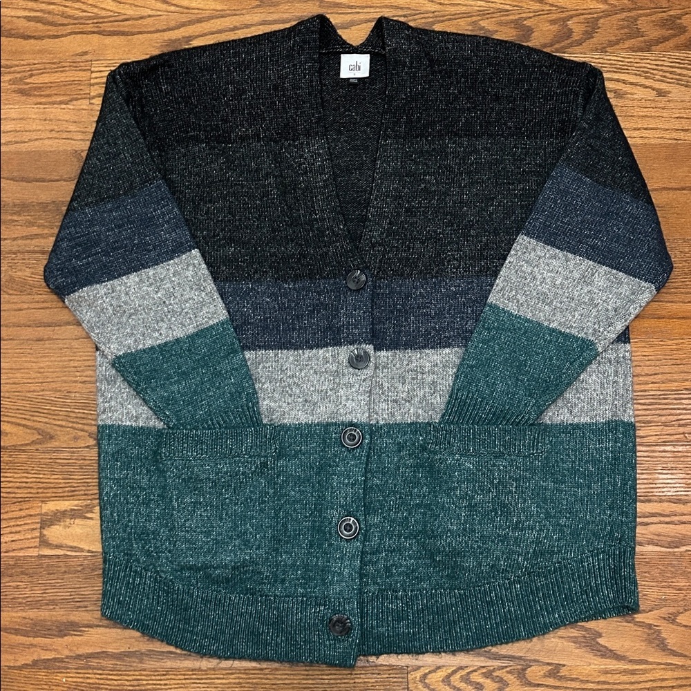Cabi Sweater W Small Black/Green/Blue Stripe Cardigan Comfy Button Front Chunky